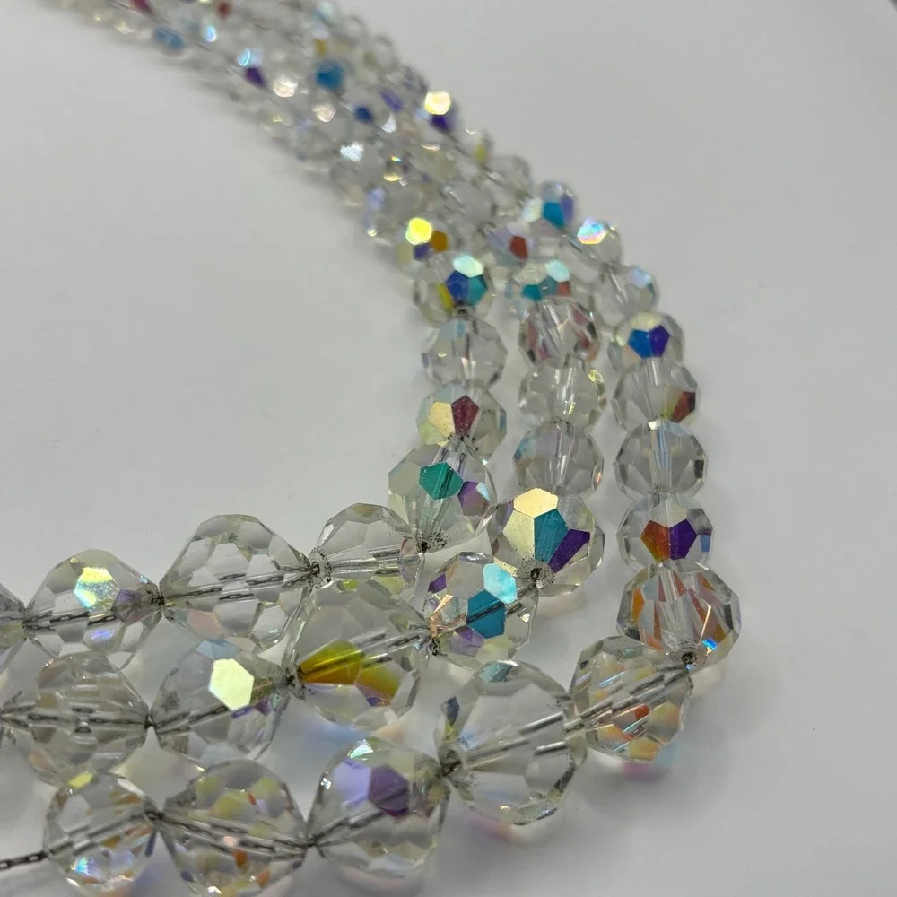 Vintage Aurora Borealis AB Crystal Glass Bead Multi 3 Strand Necklace